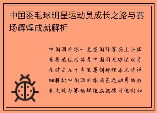 中国羽毛球明星运动员成长之路与赛场辉煌成就解析