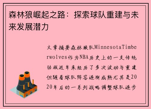 森林狼崛起之路：探索球队重建与未来发展潜力